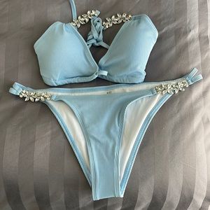 Ribbed baby blue bikini with rhinestones jewel on straps